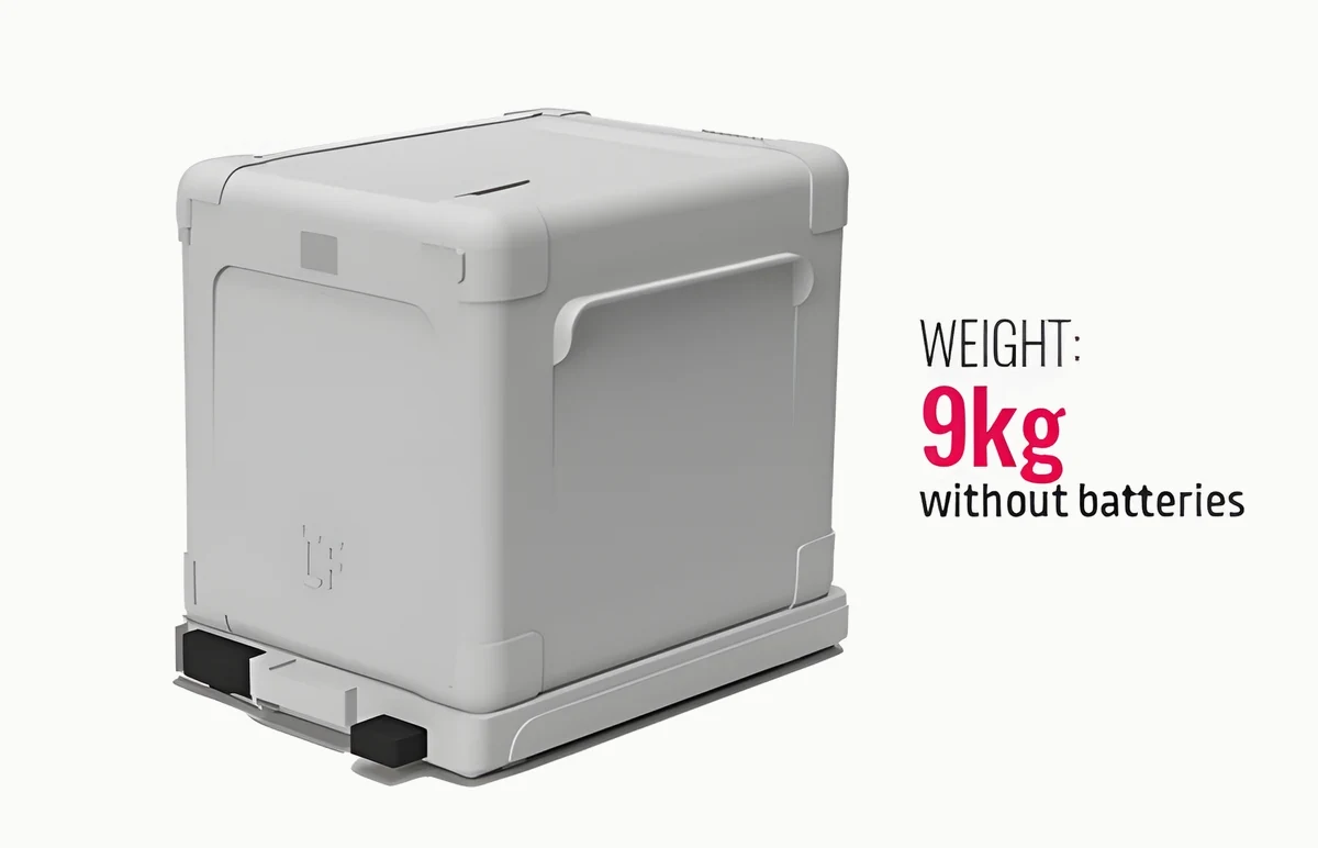A white insulated cooling box with corner guards and a recessed handle, on a low base