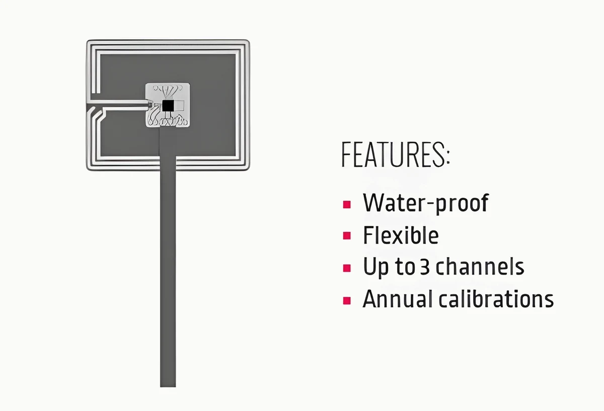 A flat rectangular temperature sensor with a printed circuit and a long flexible tail